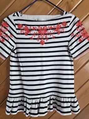 kate spade Black & White Striped Peplum Top with Red Floral Embroidery